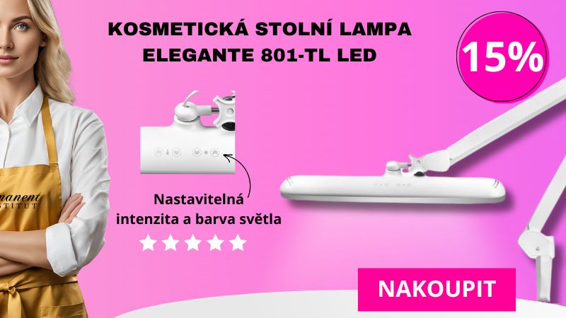 Kosmetická stolní lampa Elegante 801-TL LED s nastavitelnou intenzitou a barvou světla. Profesionální kosmetička doporučuje tuto stolní lampu pro kosmetické salony. Nabídka zahrnuje 15% slevu.